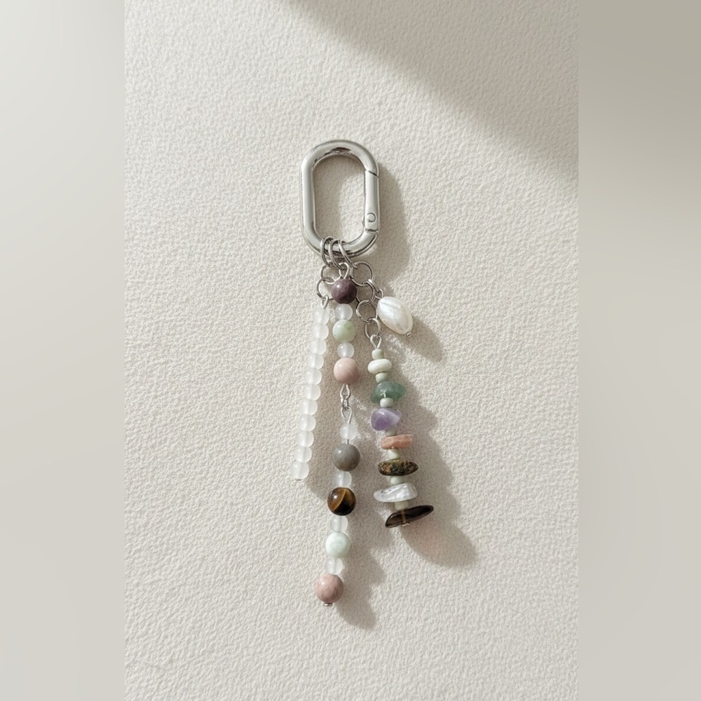 Natural Gemstone & Glass Bead Bag Charm Keychain with Silver Tones and Pearl